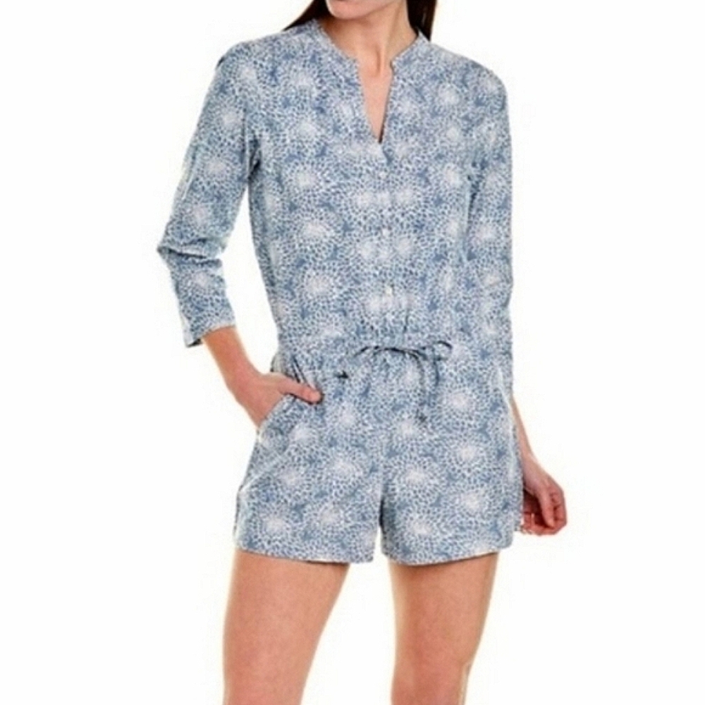 J Crew Mercantile Zelda Popover Romper Cotton Floral ¾ Sleeve Blue & White 4
